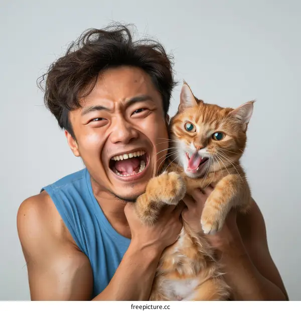 A man is holding an orange cat and they are both yelling.