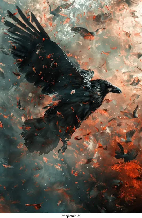 Soaring Crow Against a Fiery Sunset