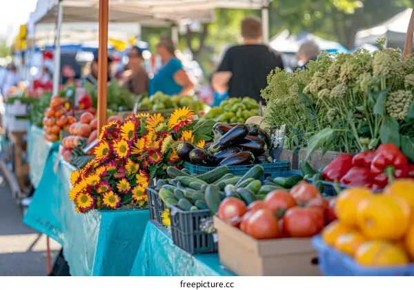 Fresh and colorful vegetables and flowers at a local farmer's market
