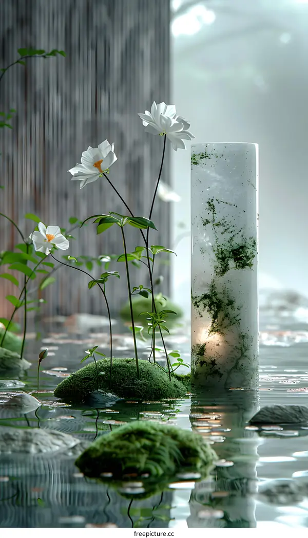 plants growing in water with a frosted glass cylinder