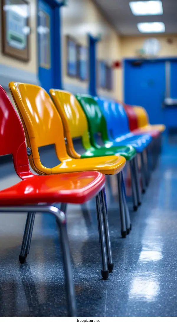 A row of colorful chairs in a waiting room