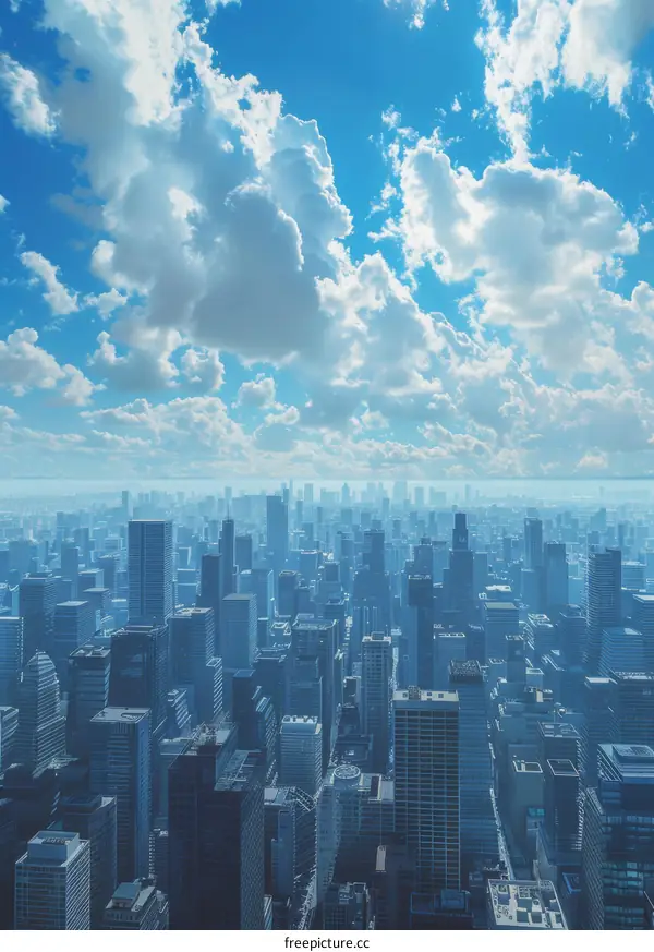 Aerial View of a Bustling Metropolis with Towering Skyscrapers and a Clear Blue Sky