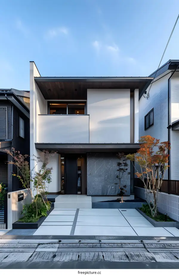 Modern Minimalist Japanese House with Stone Wall and Patio