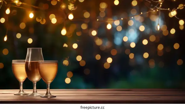 Three glasses of champagne on a wooden table with a blurred background of bokeh lights