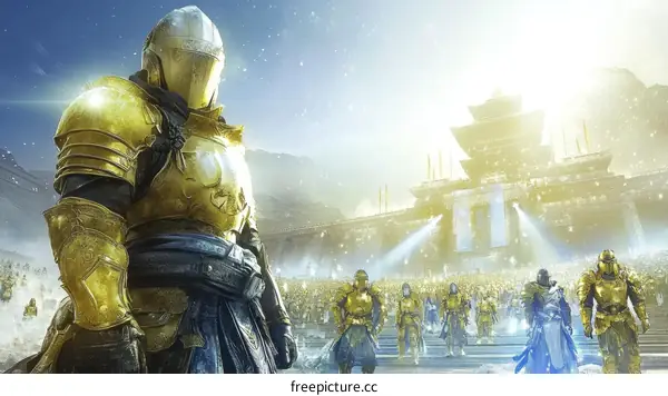 Golden Armor Warriors Entering a Temple