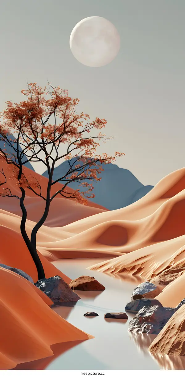 Desert Oasis with Full Moon and Minimalist Tree