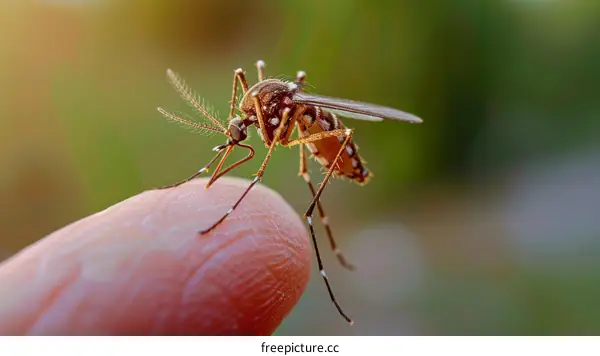 Aedes aegypti mosquito on human finger tip