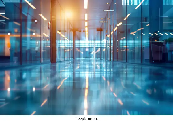 Office interior with glass walls and reflections