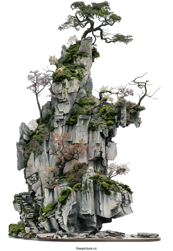 [Transparent Background PNG]Miniature Bonsai Landscape with Stone Mountain and Trees