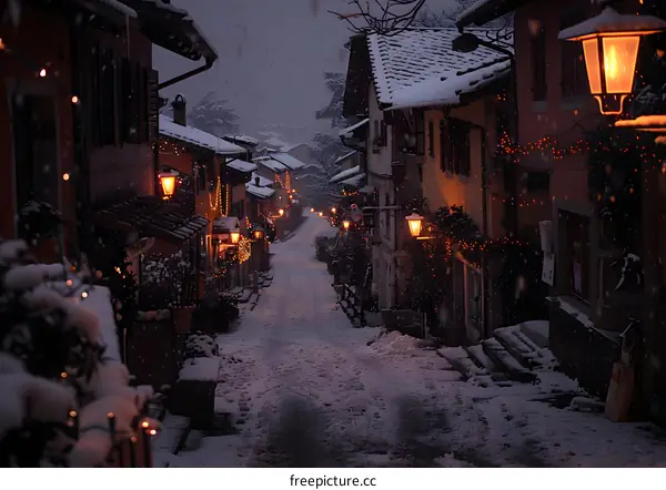 Snowy Street in a Small Town