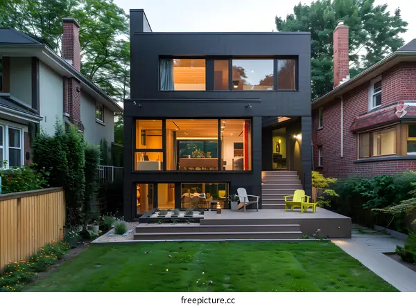 Modern Black House with Large Windows and Deck