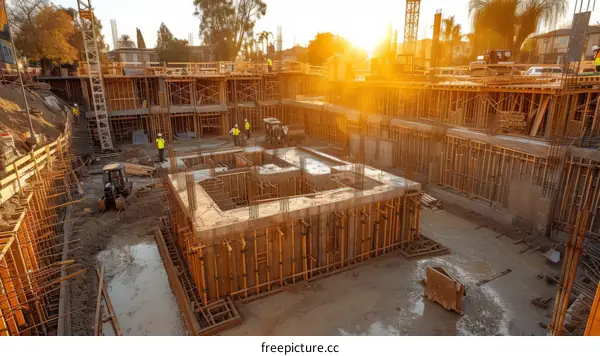 Construction workers working on a building foundation