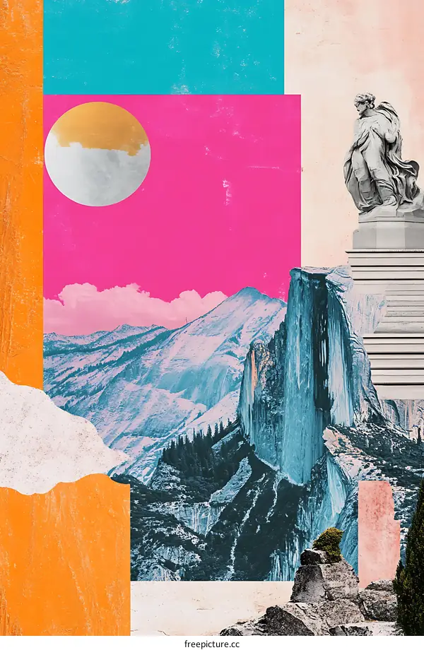 Abstract Mountain Collage with Pink, Blue, and Gold Tones