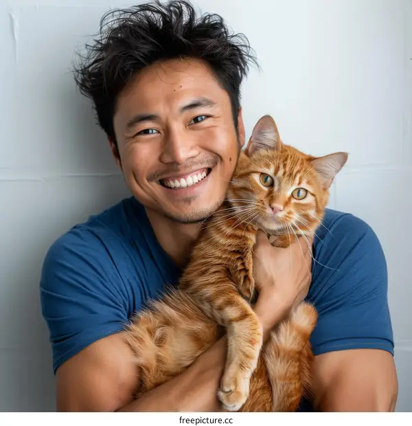 A smiling Asian man hugging an orange cat