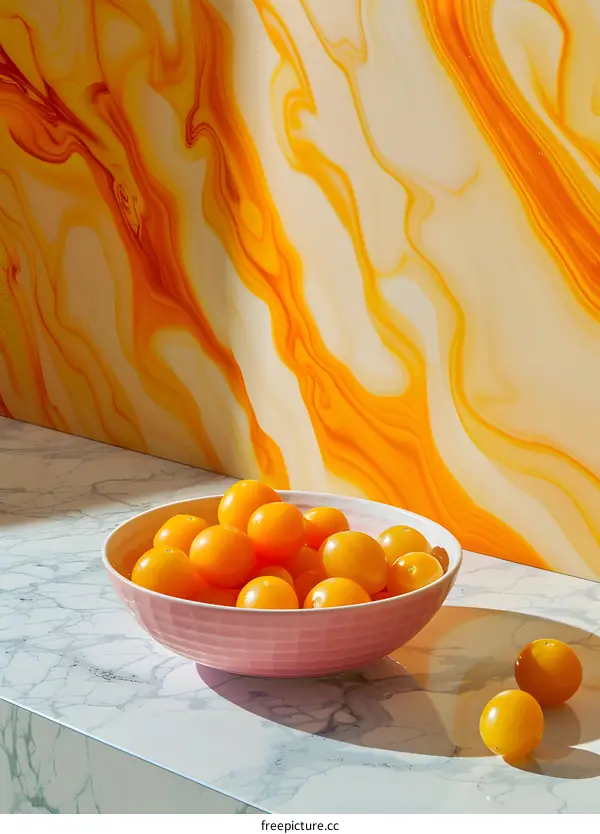 Yellow Tomatoes in Pink Bowl on Marble Countertop