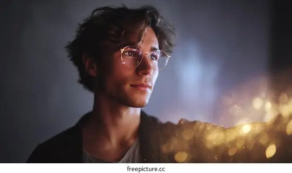Young man with curly hair and glasses interacting with glowing light