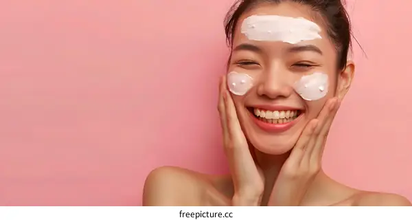 Woman applying face mask smiling at the camera