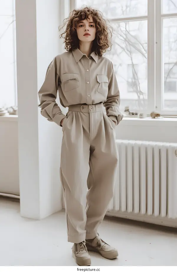 Woman with Curly Hair Wearing Beige Outfit Posing In A Room