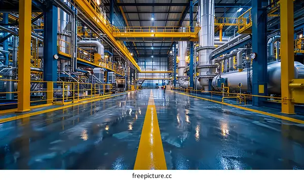 The interior of a modern industrial building with blue and yellow pipes and catwalks