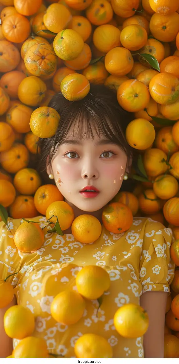 Asian Girl with Oranges in a Field of Trees