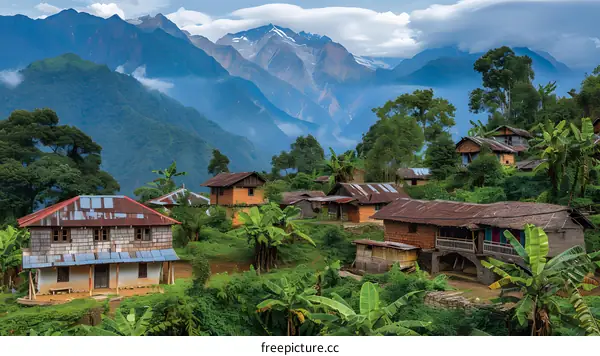 Mountain Village Landscape With Houses And Lush Greenery