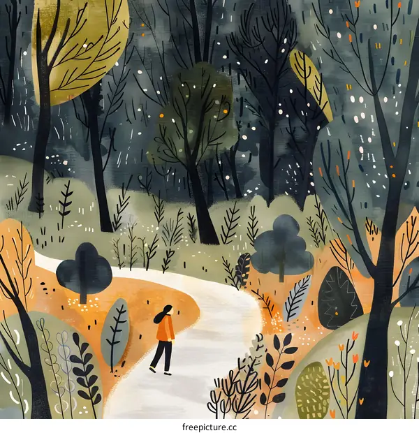 Woman Walking Through Forest Path Illustration