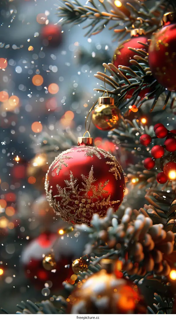 Red Christmas Ornament Hanging on a Snowy Tree Branch
