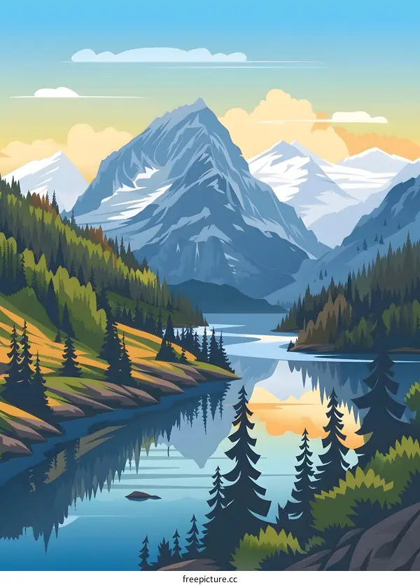 Mountain Landscape Illustration with Lake and Forest