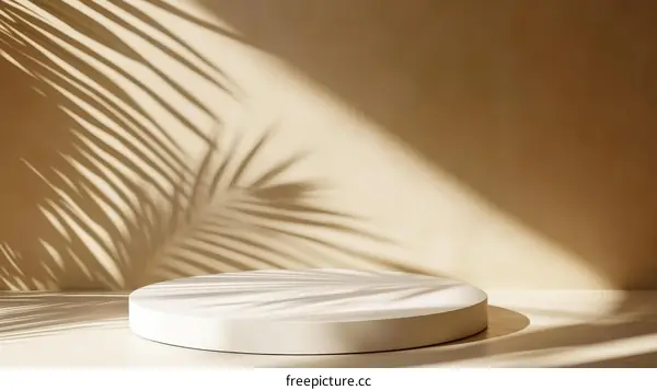 Empty White Pedestal Display Against Beige Background with Palm Tree Shadows