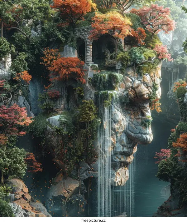 Mystical Face in Autumn Forest with Waterfall
