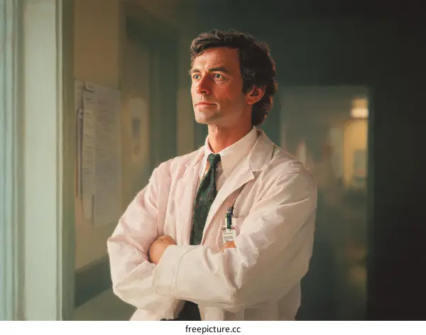 Caucasian Male Doctor Portrait in Hospital Corridor