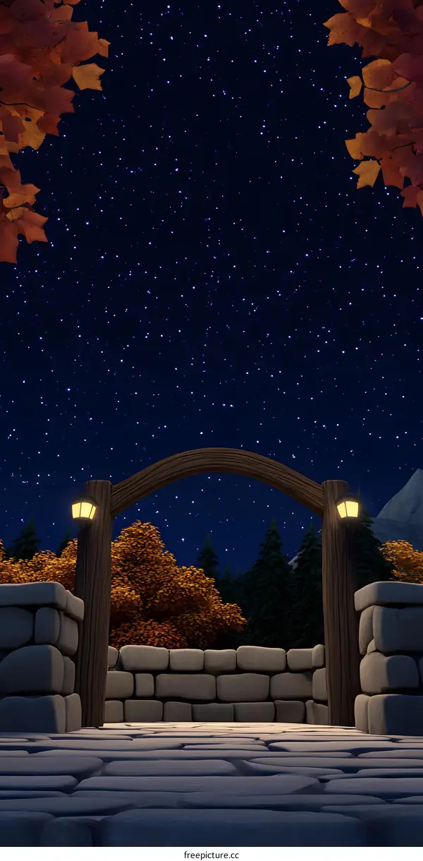 Night Sky with Starry Night Over Stone Archway Gate