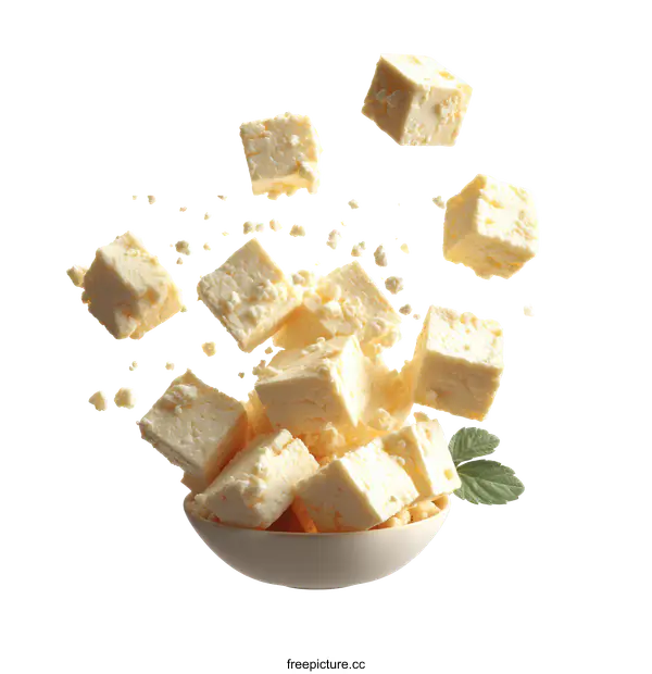 [Transparent Background PNG]Delicious Cubes of Feta Cheese Falling into a Bowl