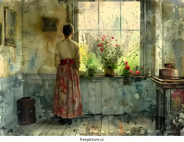 A woman standing in a room looking out the window