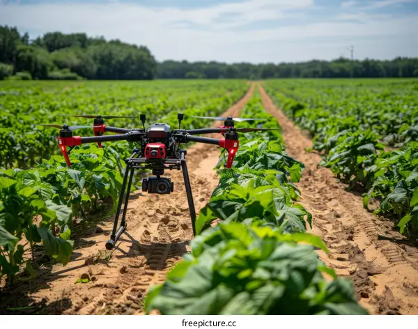 Drone flying over a field of crops