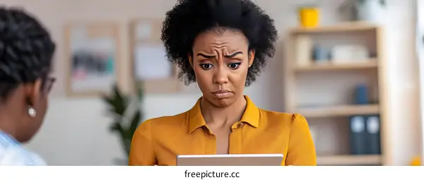 African American Woman Looking At Tablet With A Confused Expression