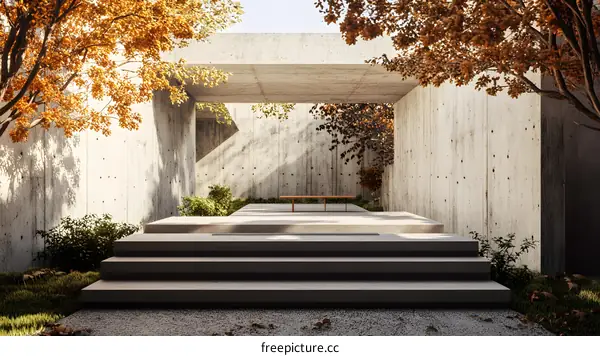 Minimalist Concrete Architecture with Autumn Trees