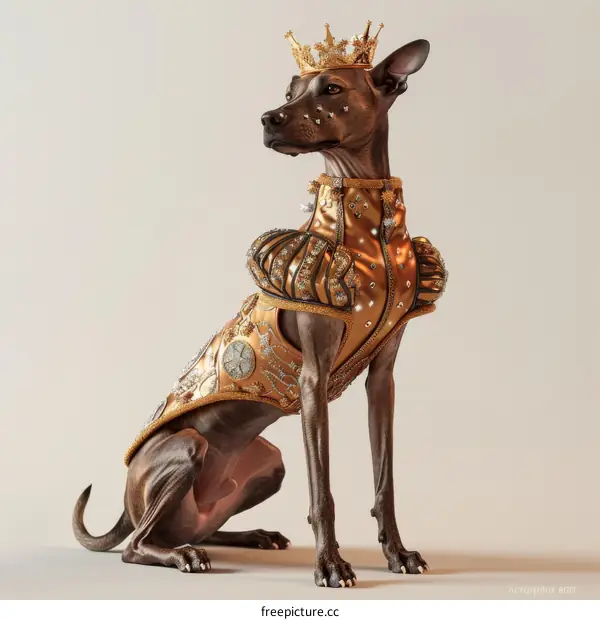A Xoloitzcuintle wearing an elaborate gold-colored outfit and crown