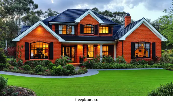 Brick House Exterior in Twilight with Lush Landscaping