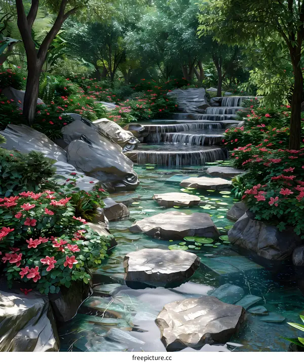 A beautiful landscape with a lake, flowers, and rocks