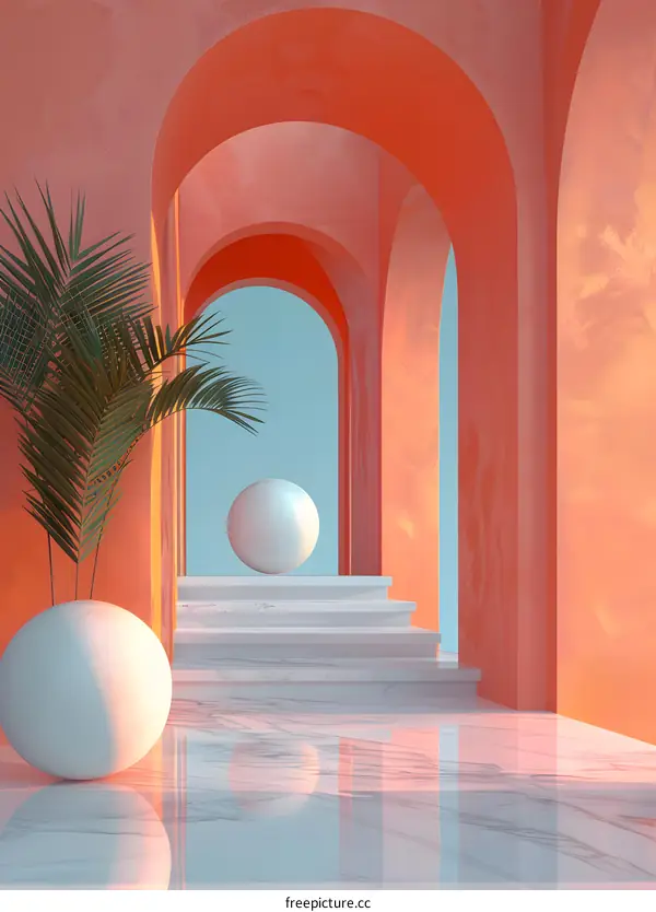 Minimalist Abstract Art With Arched Walls And White Spheres