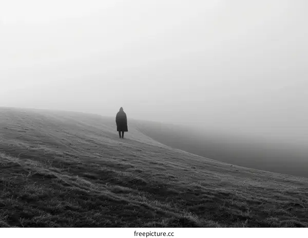 Person walking towards horizon in a foggy landscape