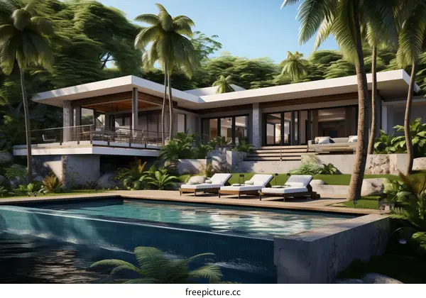 A modern house with a pool in a tropical setting