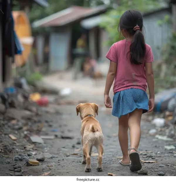 Little girl walking away with her dog