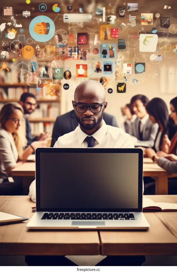 A black man is using a laptop in a library surrounded by people