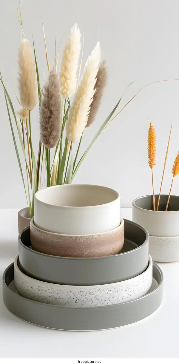 Stack of Green and White Ceramic Bowls With Dried Pampas Grass