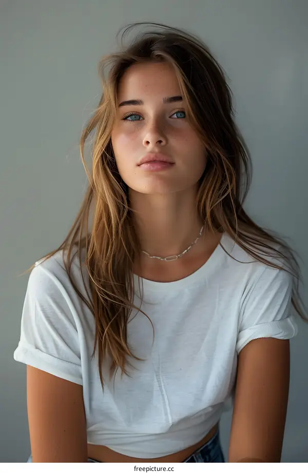 portrait of a young woman with freckles and blue eyes