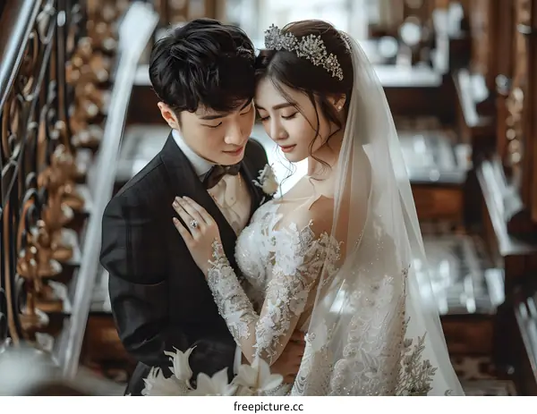 Asian couple in wedding dress