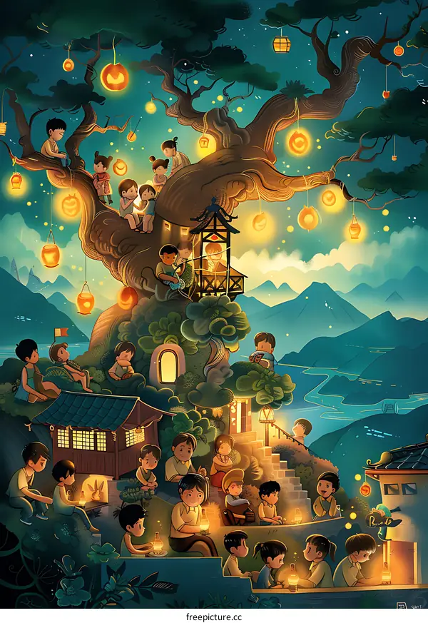 Children Gathering Around Tree With Lanterns Illustration