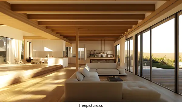 Modern Open Plan Living Room with Wooden Beams and Large Windows